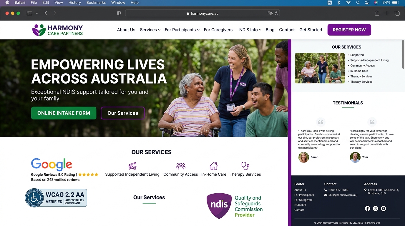 After: High-converting modern NDIS provider website with WCAG 2.2 AA compliance, 5.0 Google rating, and automated referral intake